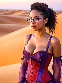 Caribbean woman with big breasts stands at sunrise over Moroccan dunes