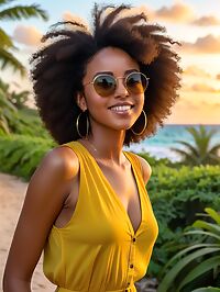 Ethiopian woman with an afro and green eyes sunbathes on a beach at dusk in Barbados