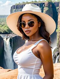 Nigerian girl stands near the edge of Victoria Falls in Zimbabwe
