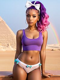 A stunning rainbow haired woman poses seductively under Egyptian Sphinx's dark pre dawn glow