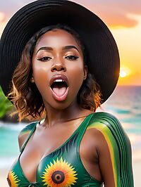 The African girl lounges on rocks at Oil Nut Bay's sunset in green bodypaint