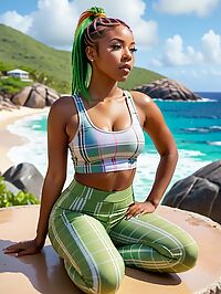 A 21 year old African girl with rainbow hair stands outside Oil Nut Bay