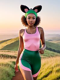 A dark haired woman with perky butt stands on the African plateau at sunrise