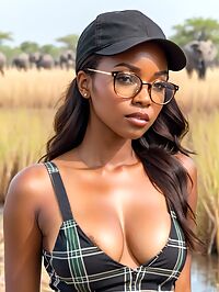 A 32 year old African girl wearing a black sundress in the Okavango Delta