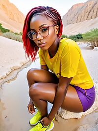 A stunning Nigerian woman poses in yellow shorts at dawn in Ein Gedi Reserve