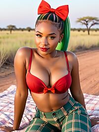 A young woman with rainbow hair takes off her top in the park's evening light