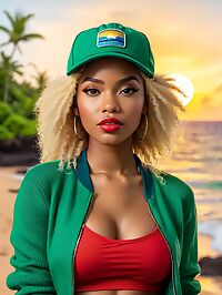 African woman poses at sunset on the beach of Yemaya Reefs Little Corn Island