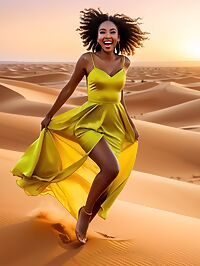 Black woman wears a yellow wedding dress on Sahara Dunes at dusk