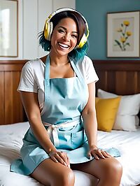 A 44 year old woman in a white apron lies on her bed wearing yellow headphones