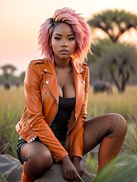 A ravishing 29 year old woman with pink hair delights under the twilight Okavango Delta sky