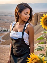 Tanzanian woman in a black apron poses at the Masada ruins under fading twilight