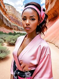 A stunning dark skinned woman wears a pink kimono in Red Canyon's sun drenched noon