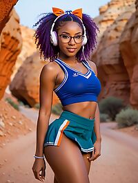 African girl wears a blue cheerleader uniform in the pre dawn Israeli desert of Red Canyon