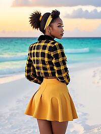 A petite black woman with dark brown eyes enjoys the sunset on Ambergris Cay beach